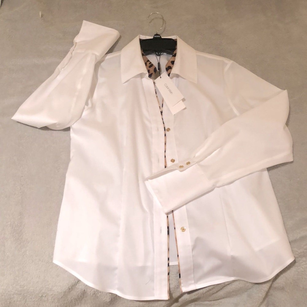 Calvin Klein Long sleeve leopard-trim blouse